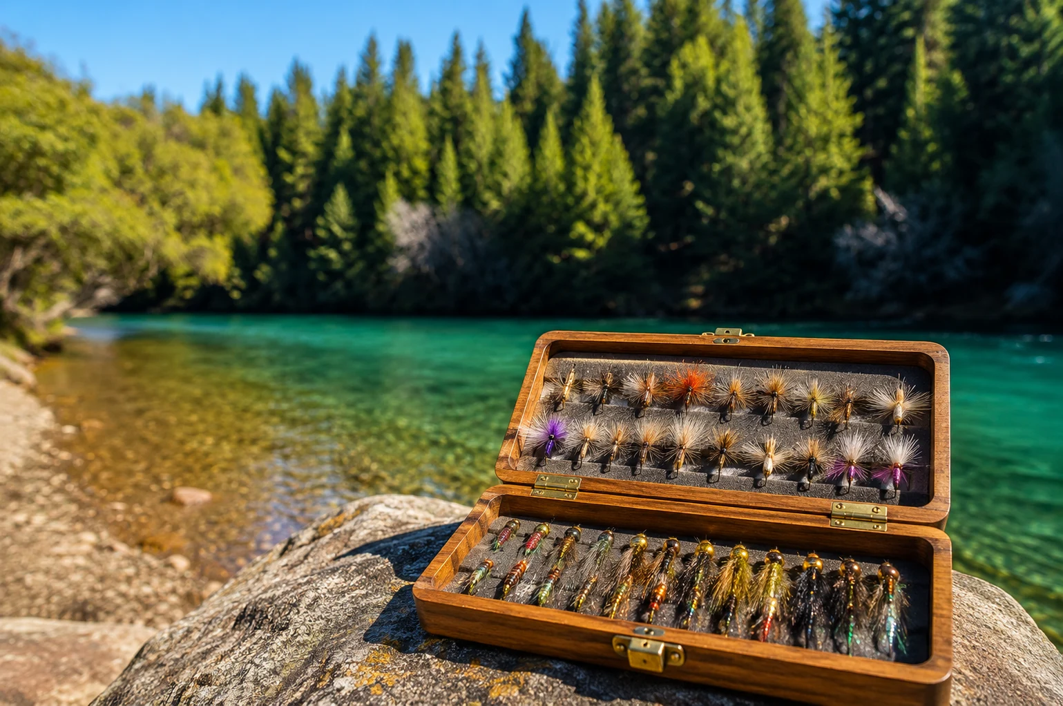 Caja de moscas y equipamiento de pesca en el río